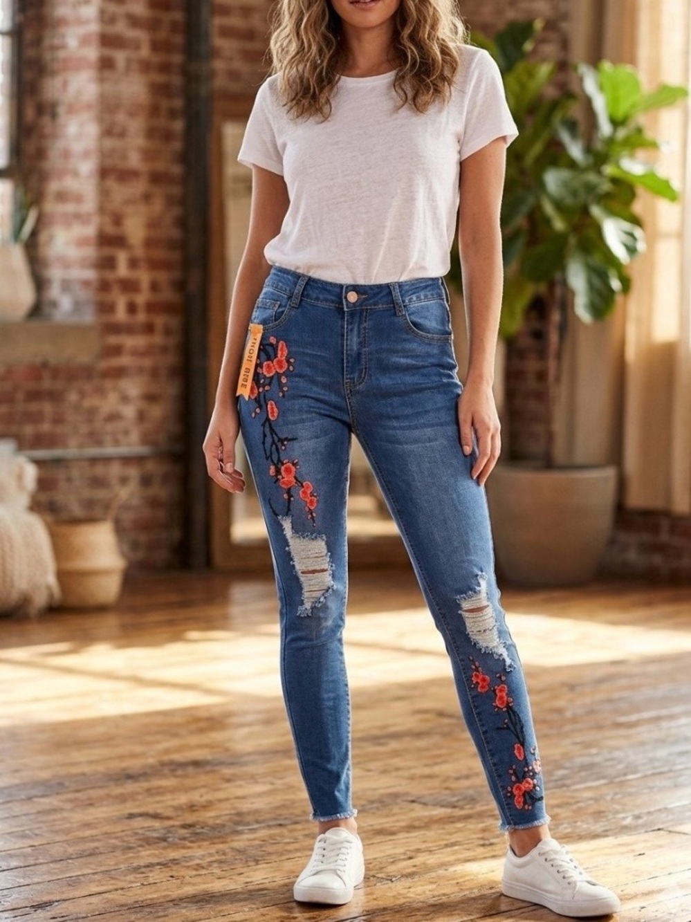 Embroidered Skinny Jeans - Blue with Red Floral Accents